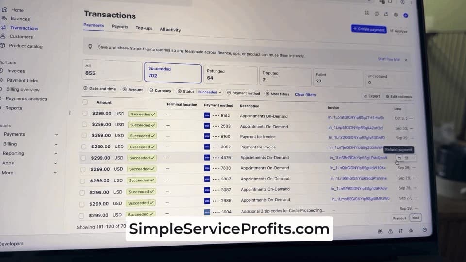 Stripe transactions for Appointments On-Demand showing hundreds of successful $299 payments